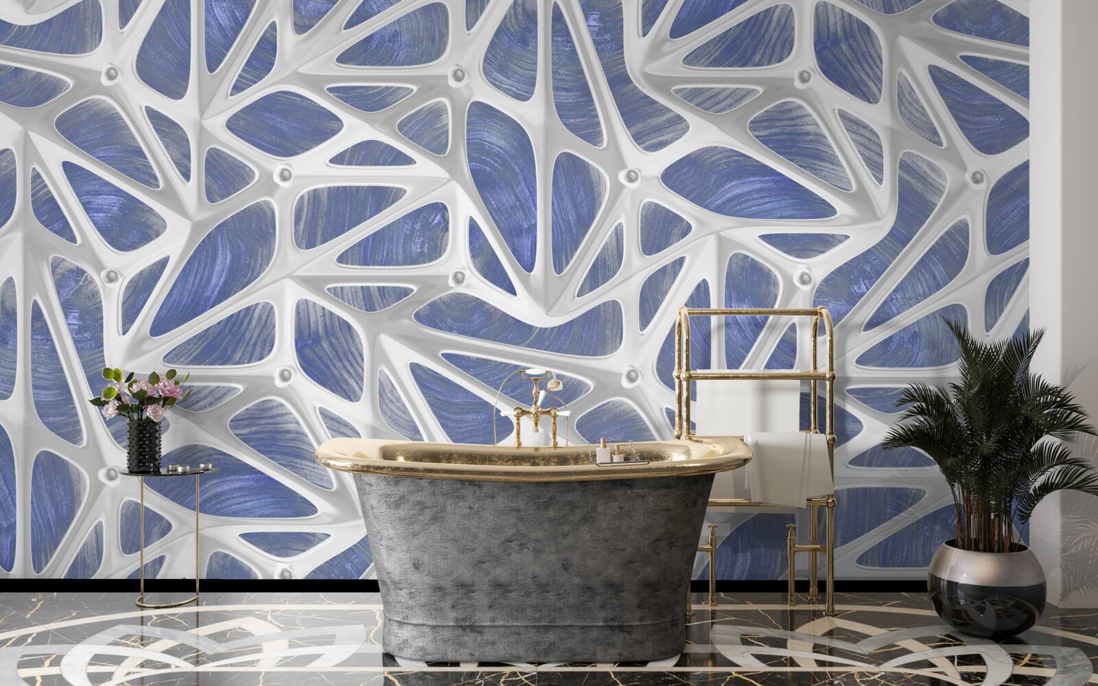 Papier peint boucles blanches sur fond bleu