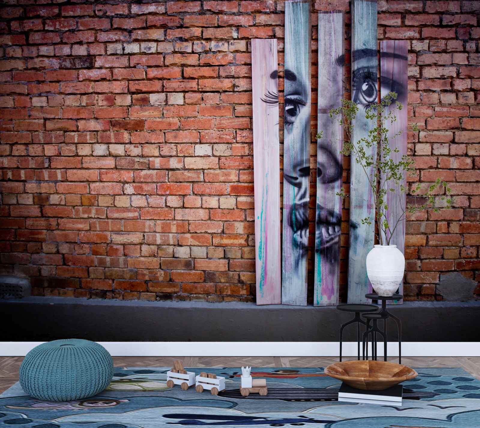 Papier peint image d'une femme sur un mur de briques écarlates