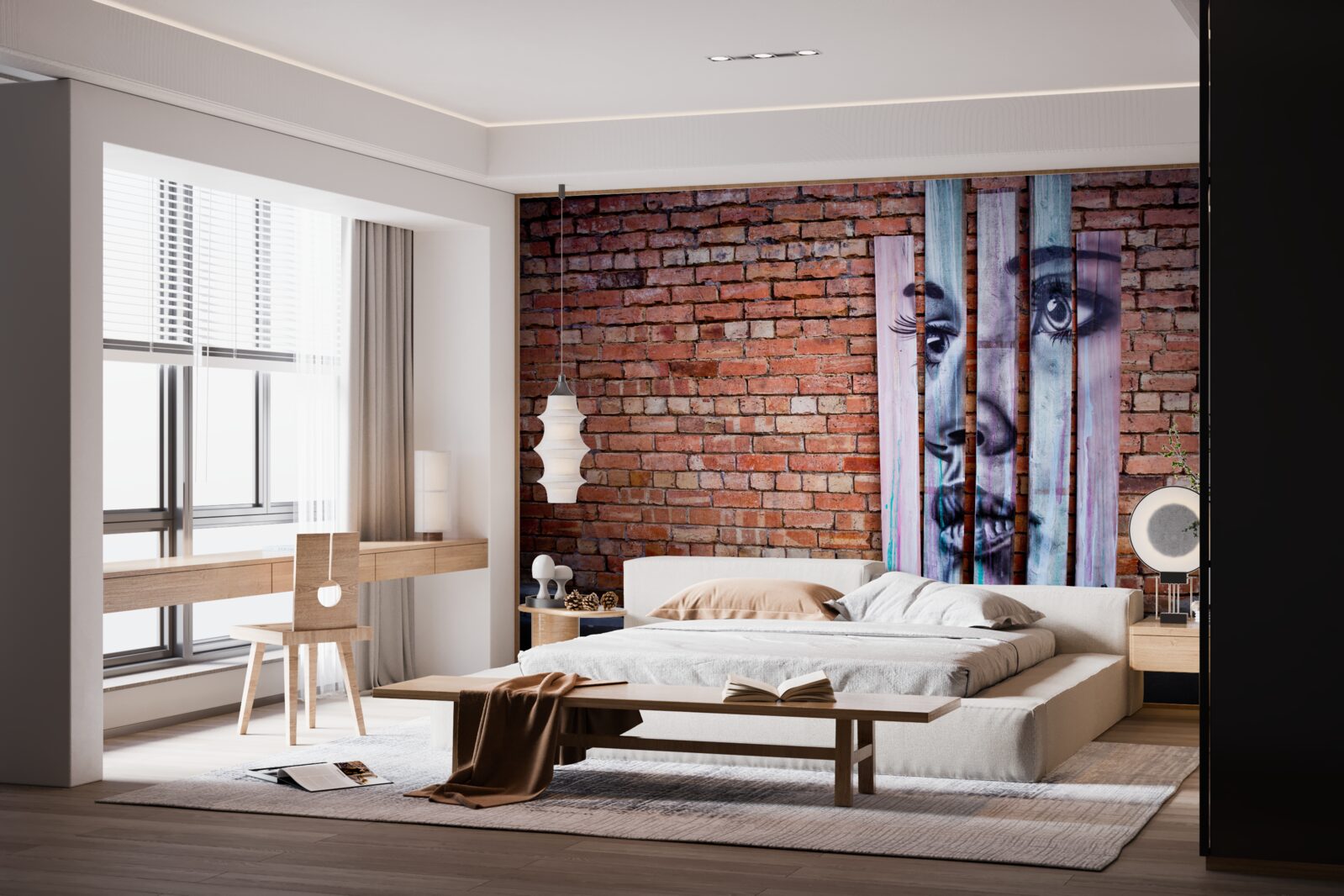 Papier peint image d'une femme sur un mur de briques écarlates