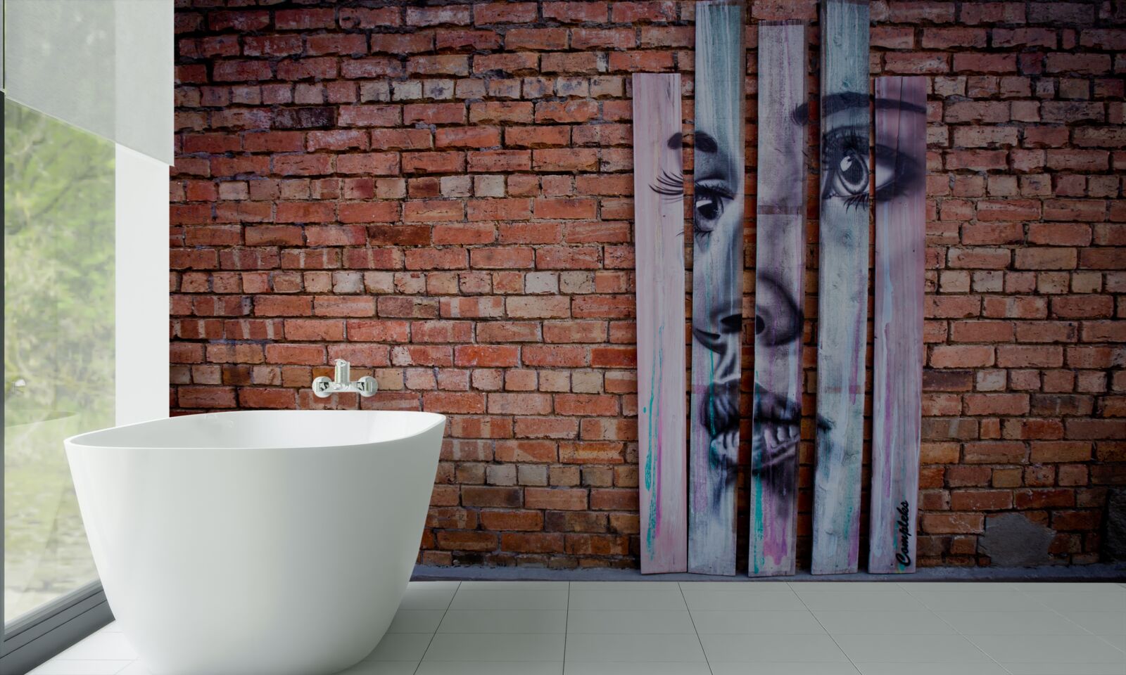 Papier peint image d'une femme sur un mur de briques écarlates