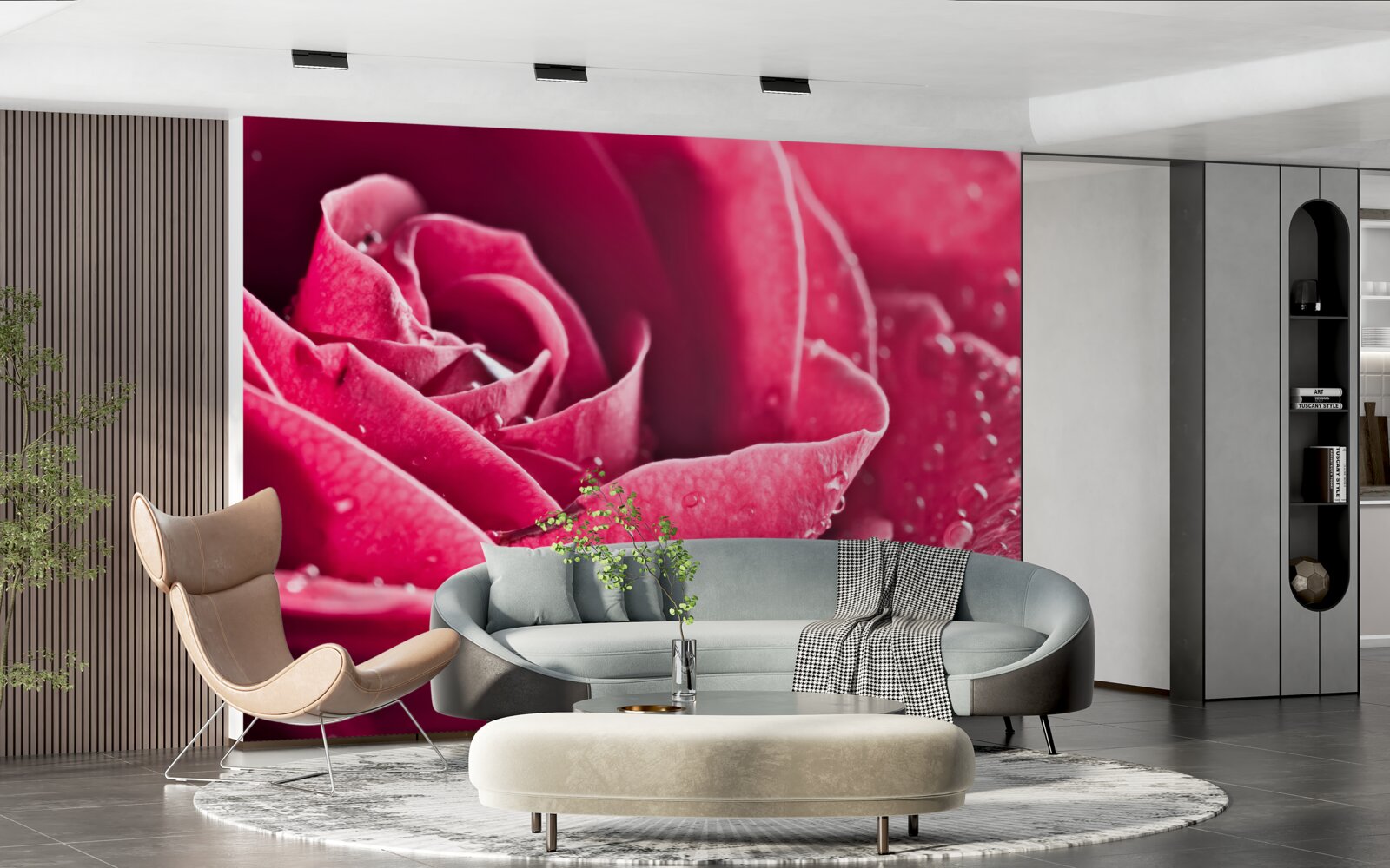 Papier peint grande rose avec des gouttes d'humidité