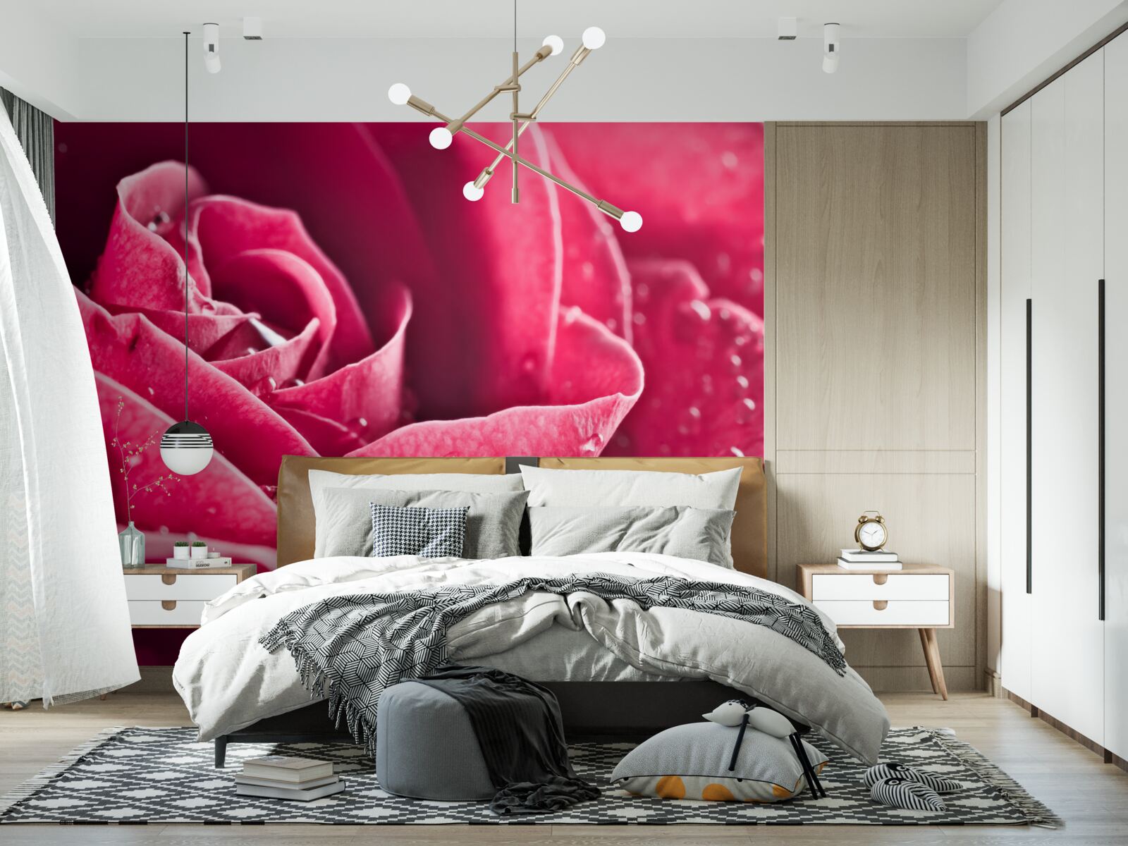 Papier peint grande rose avec des gouttes d'humidité