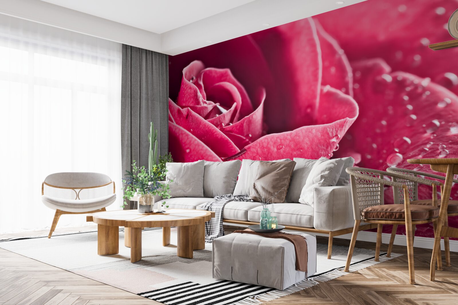 Papier peint grande rose avec des gouttes d'humidité