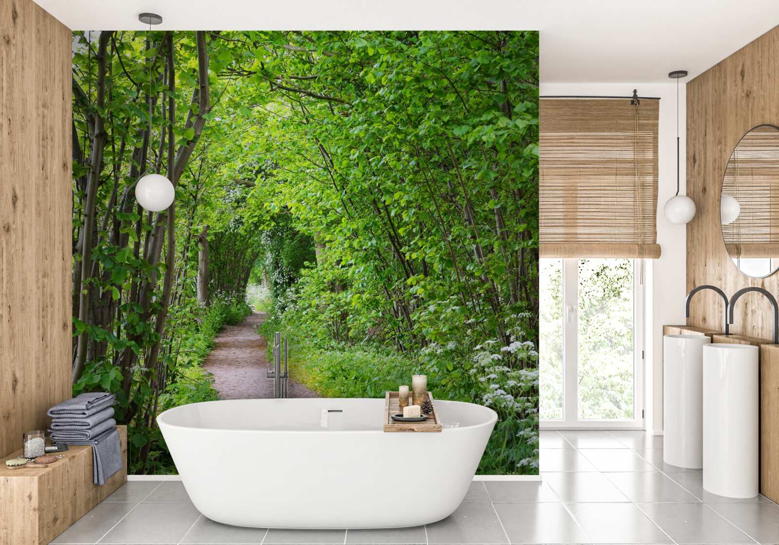 Papier peint chemin à travers la forêt dense d'émeraude