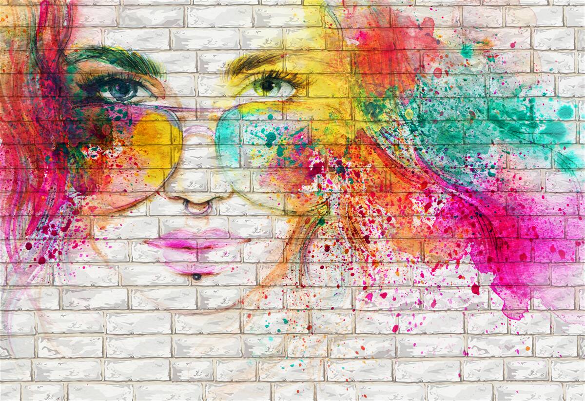 Papier peint image d'une fille portant des lunettes sur un mur de briques blanc comme neige