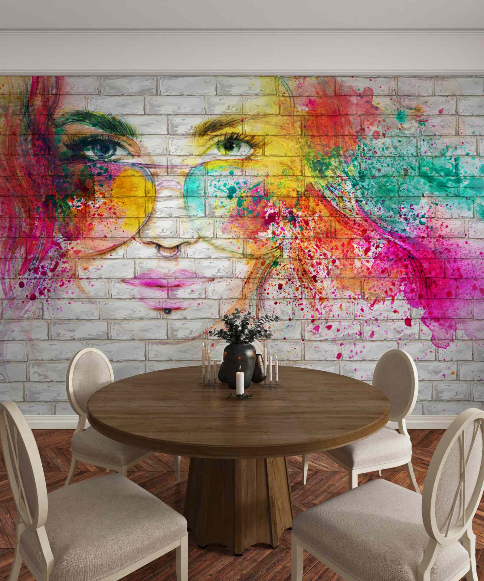 Papier peint image d'une fille portant des lunettes sur un mur de briques blanc comme neige