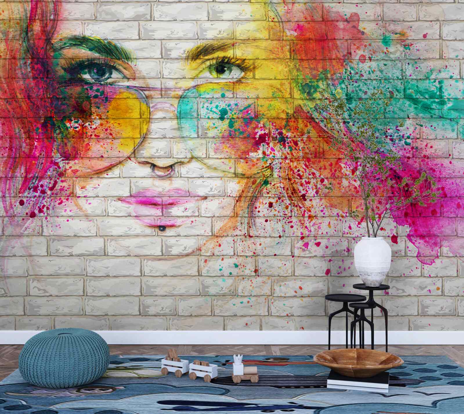 Papier peint image d'une fille portant des lunettes sur un mur de briques blanc comme neige