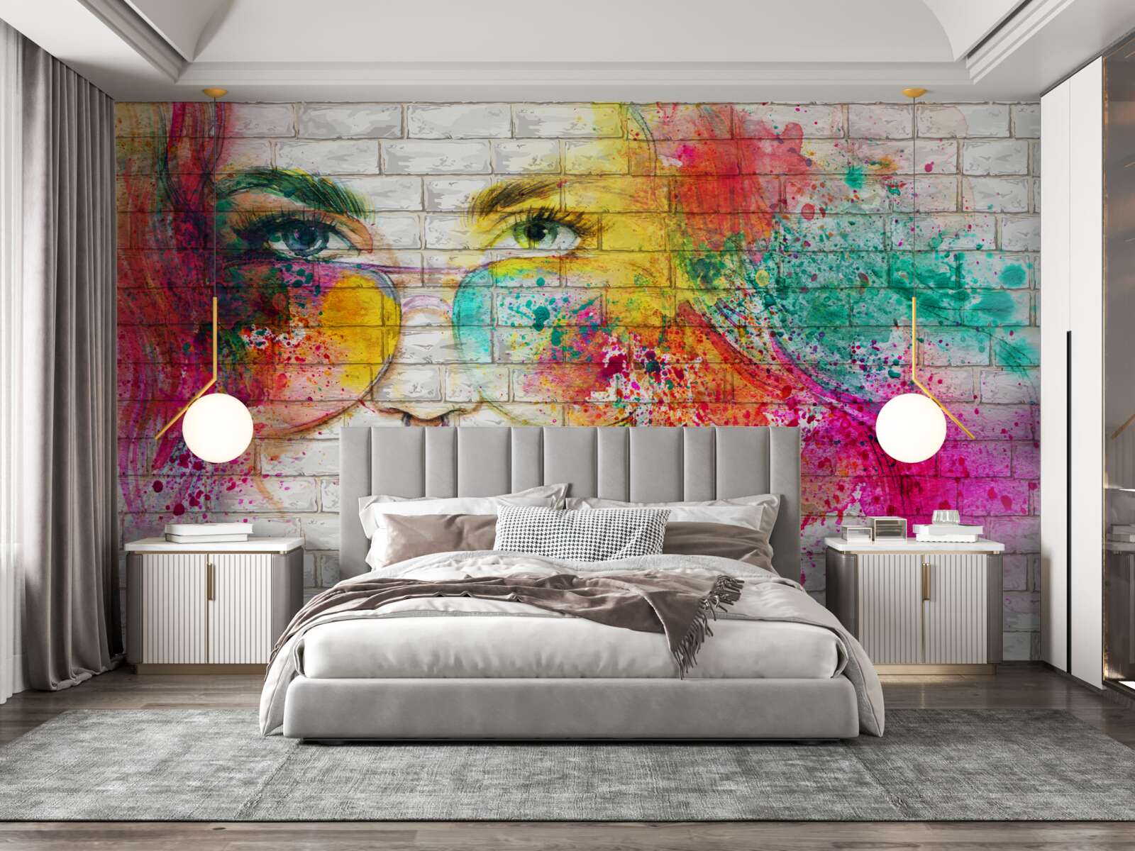 Papier peint image d'une fille portant des lunettes sur un mur de briques blanc comme neige