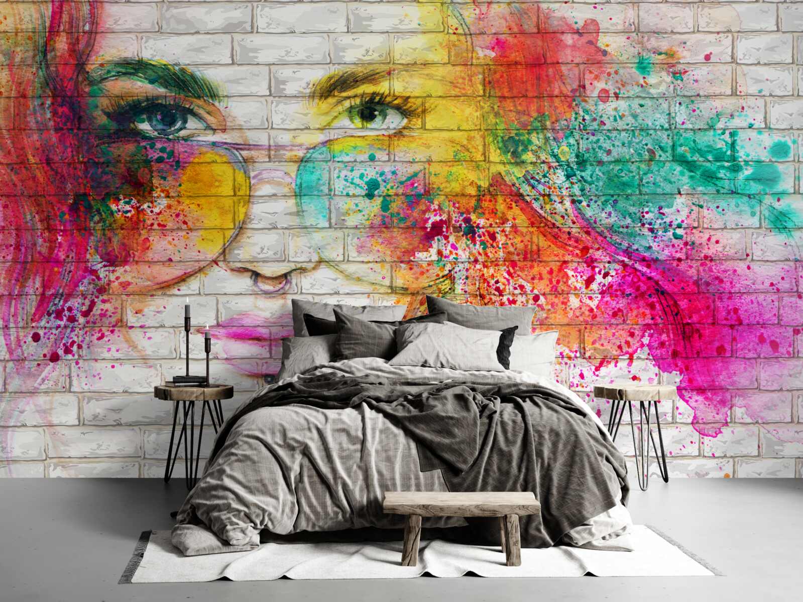 Papier peint image d'une fille portant des lunettes sur un mur de briques blanc comme neige