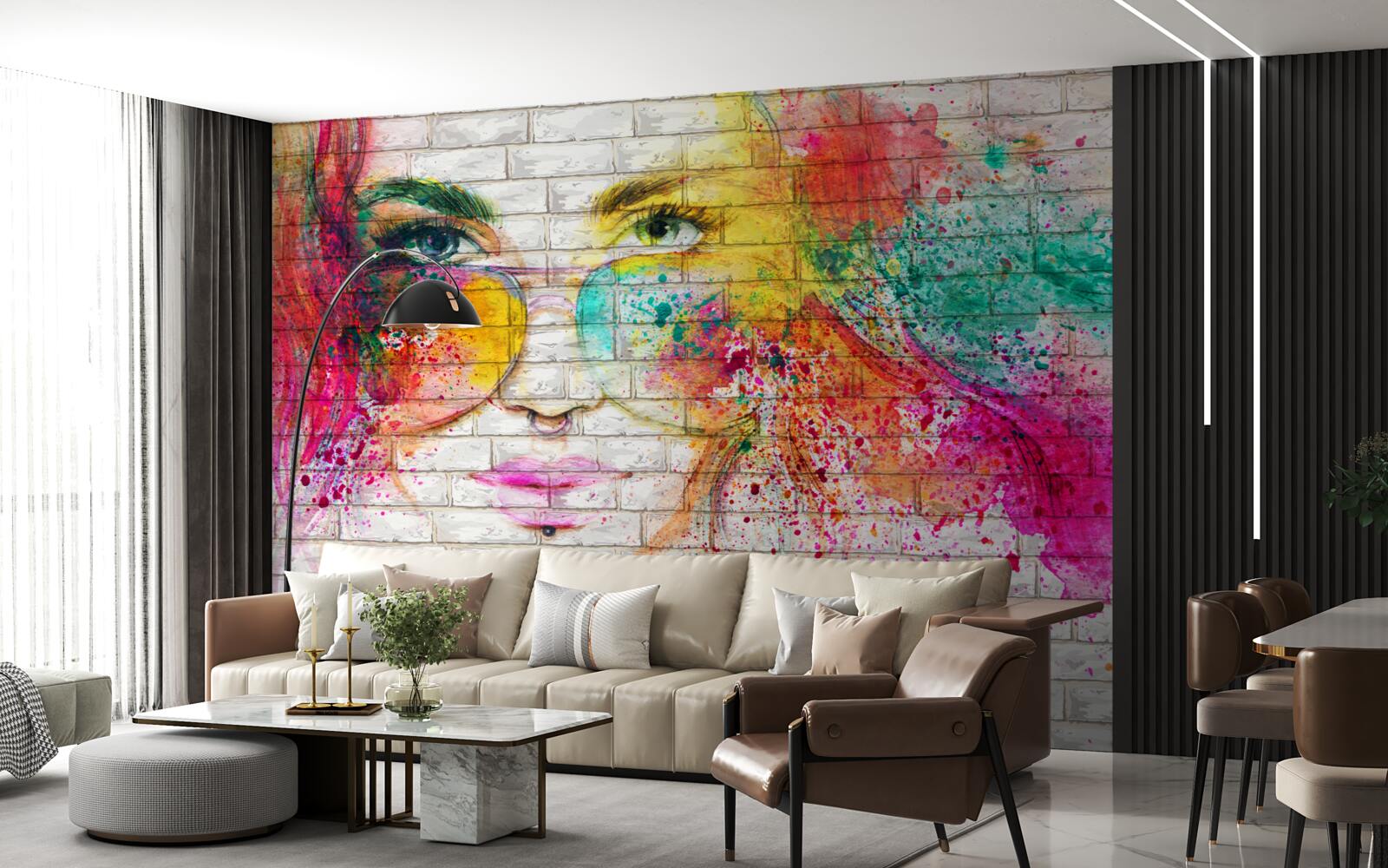 Papier peint image d'une fille portant des lunettes sur un mur de briques blanc comme neige