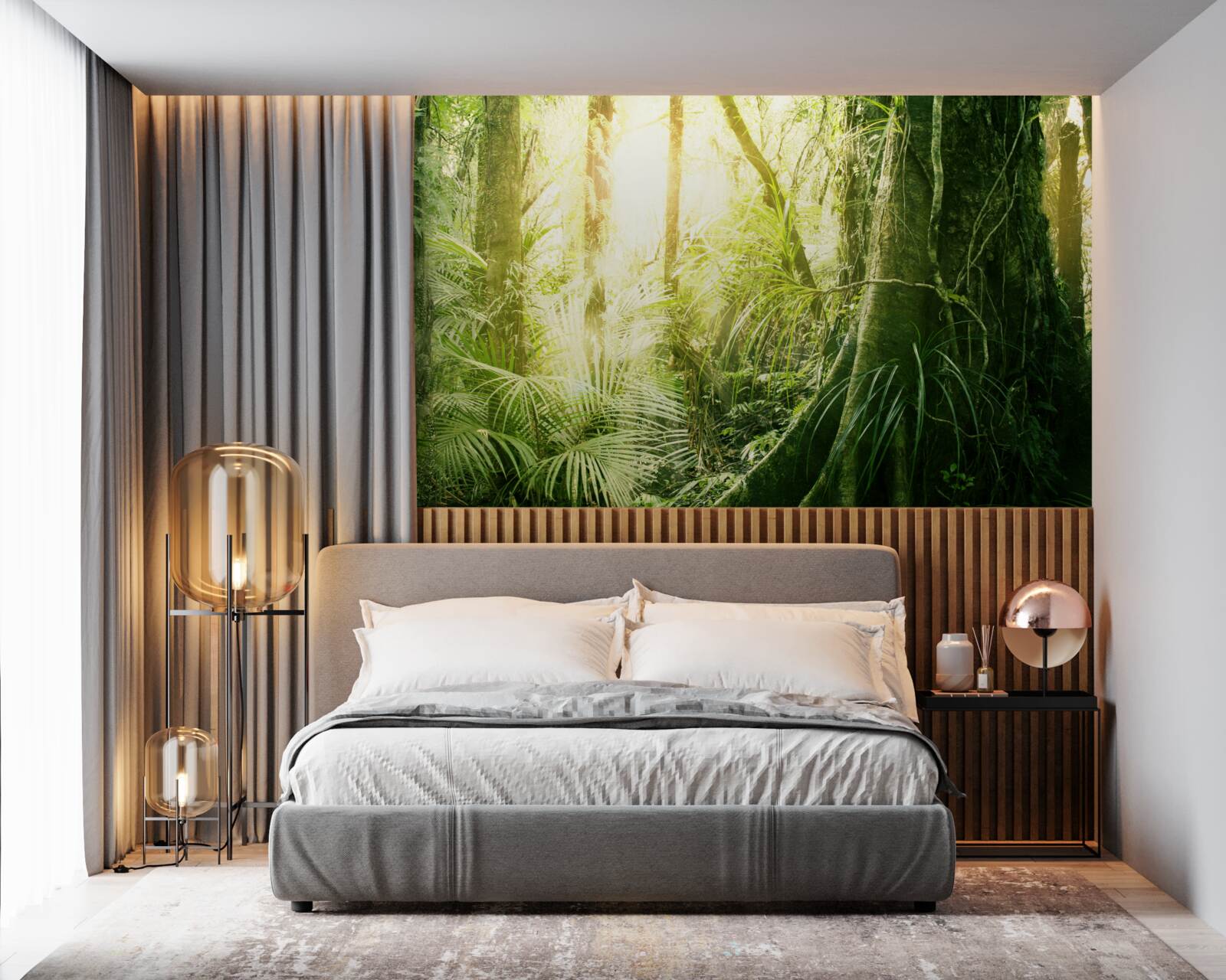 Papier peint rayons de lumière pénétrant dans une forêt de conte de fées