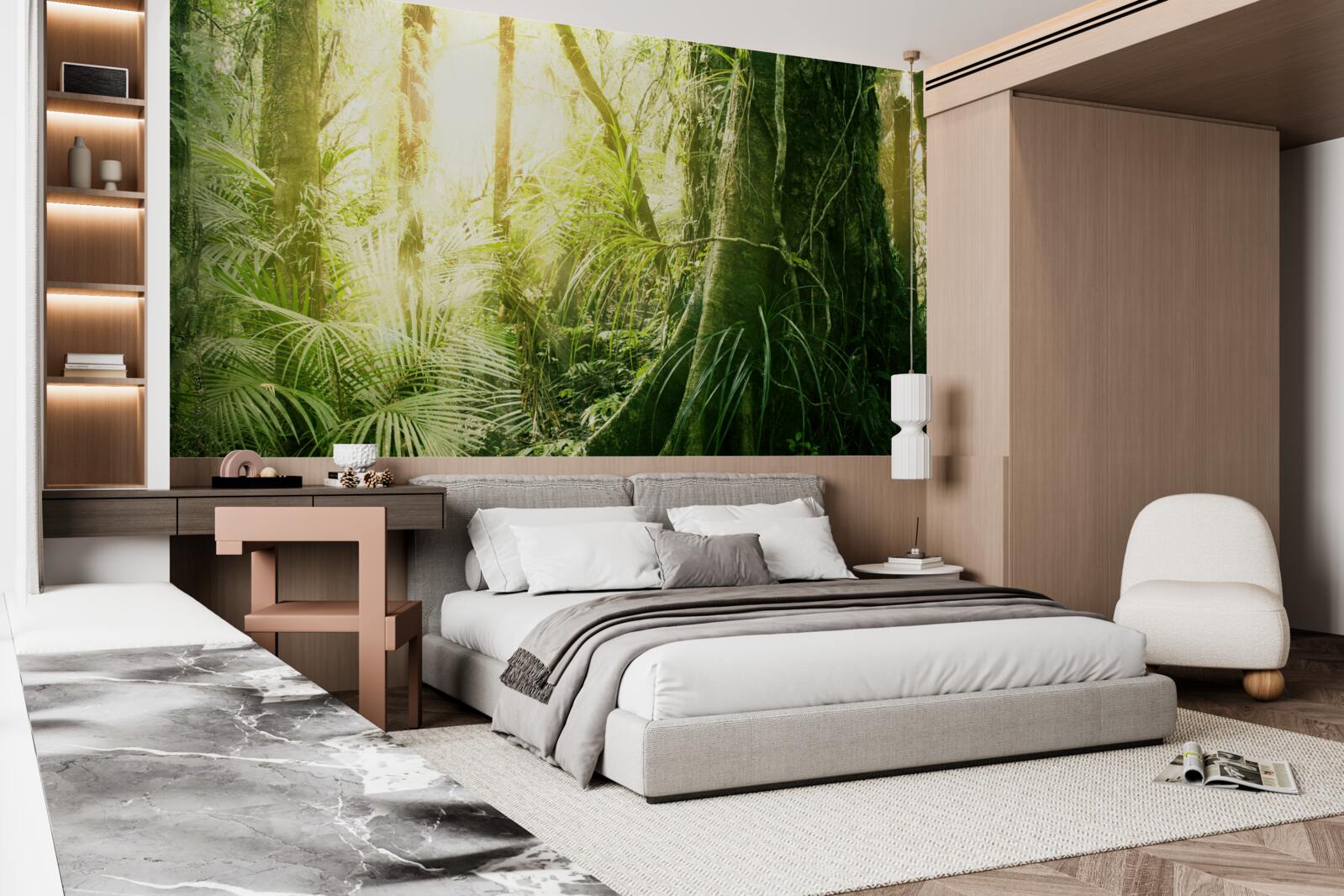 Papier peint rayons de lumière pénétrant dans une forêt de conte de fées