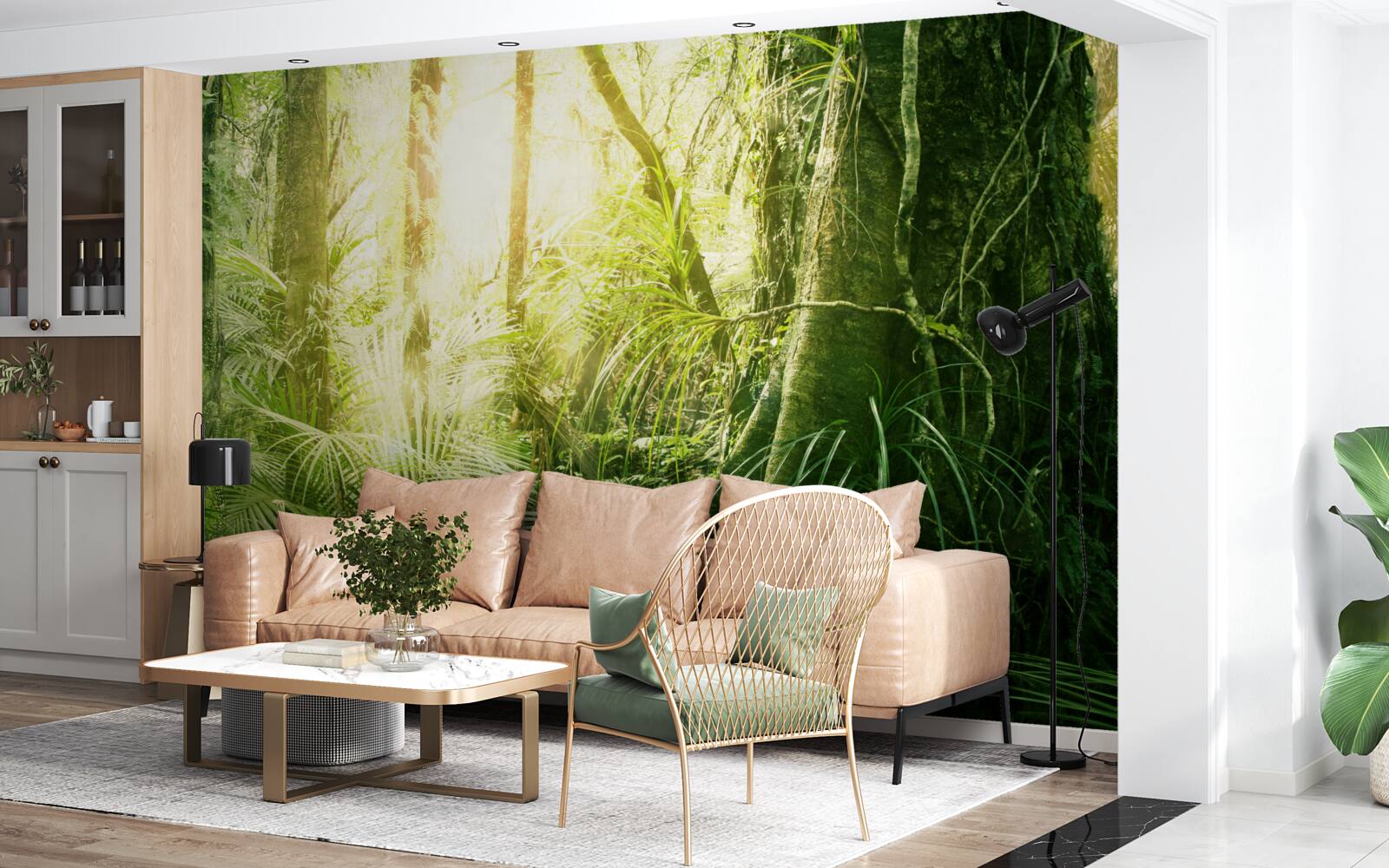 Papier peint rayons de lumière pénétrant dans une forêt de conte de fées