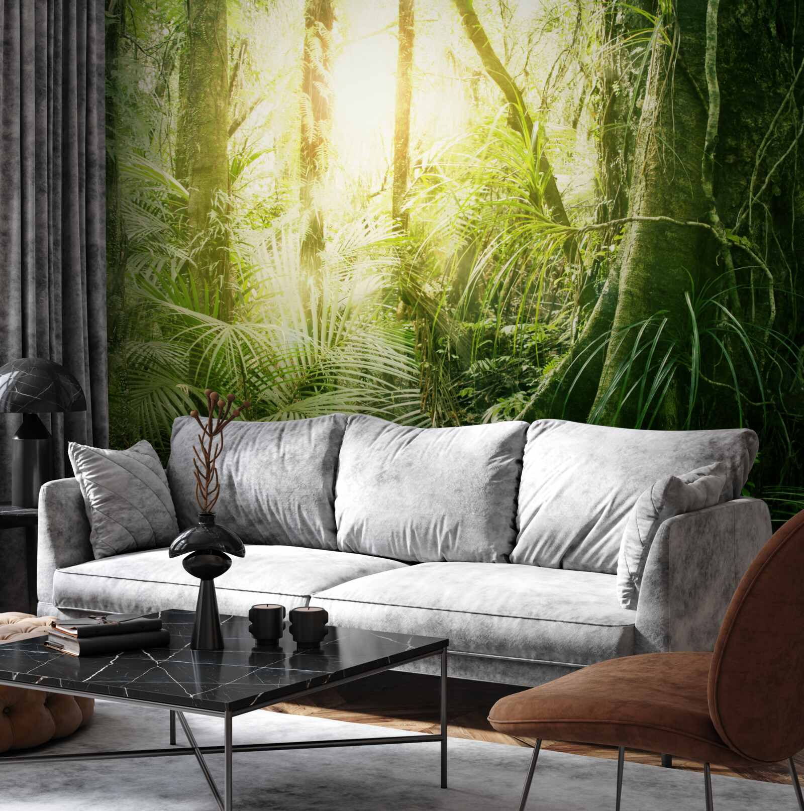 Papier peint rayons de lumière pénétrant dans une forêt de conte de fées