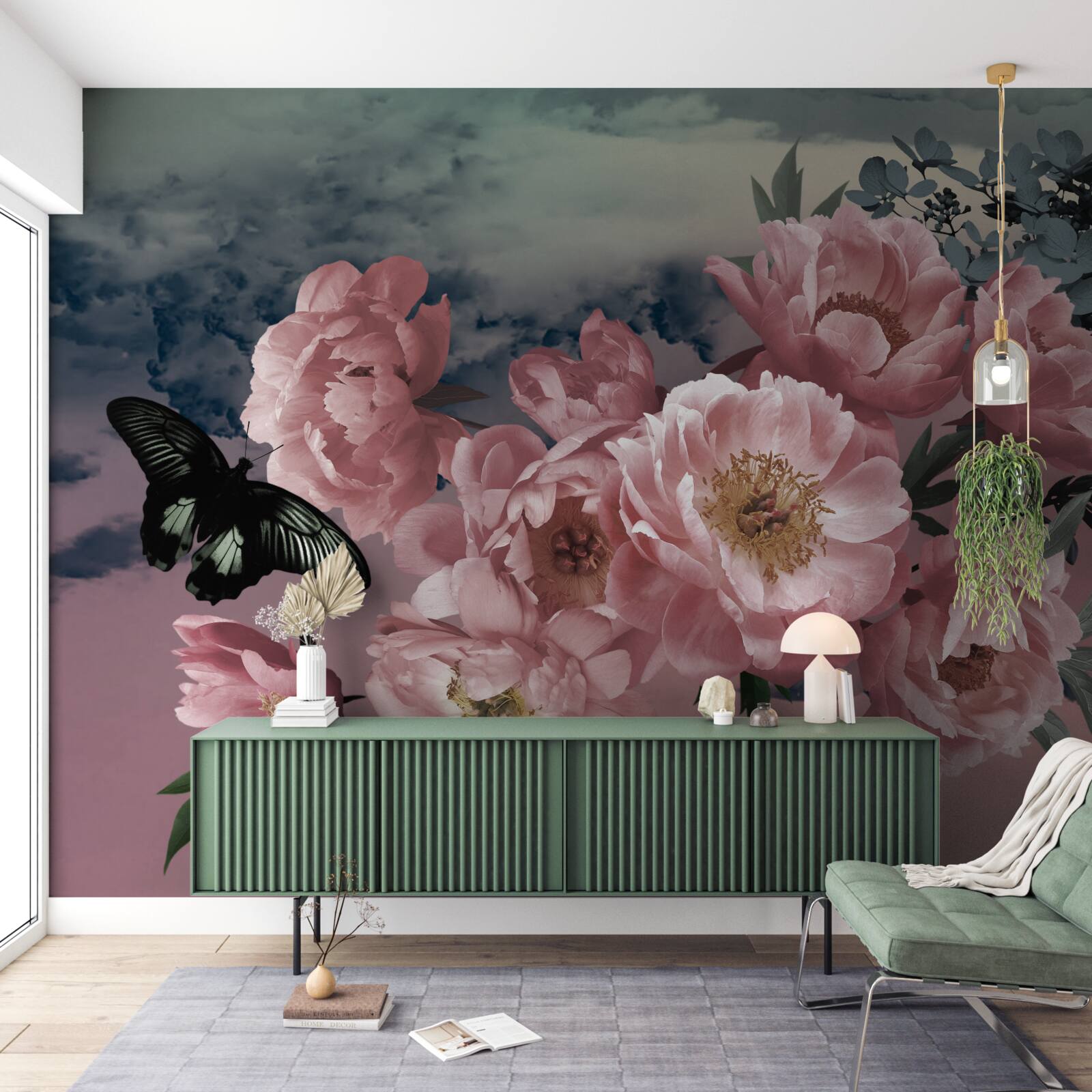 Papier peint papillon sombre et fleurs roses