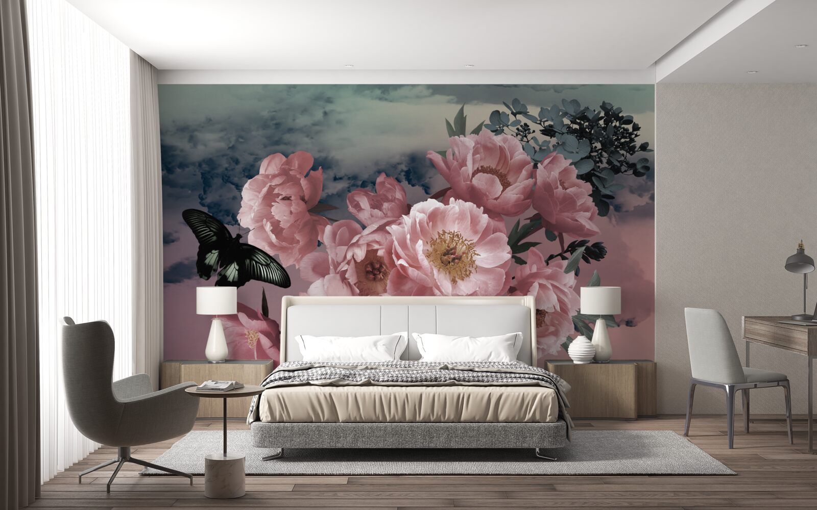 Papier peint papillon sombre et fleurs roses