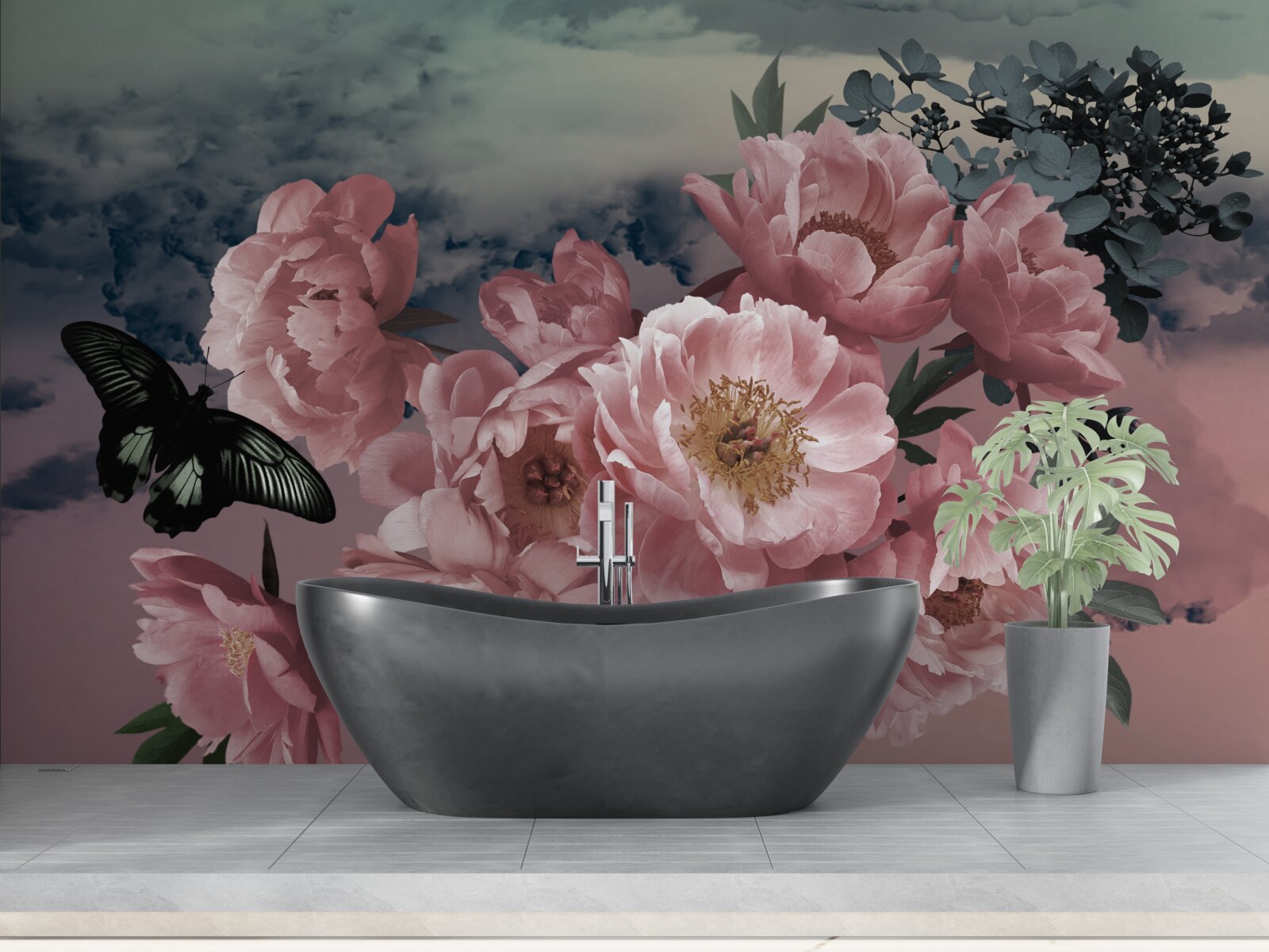 Papier peint papillon sombre et fleurs roses