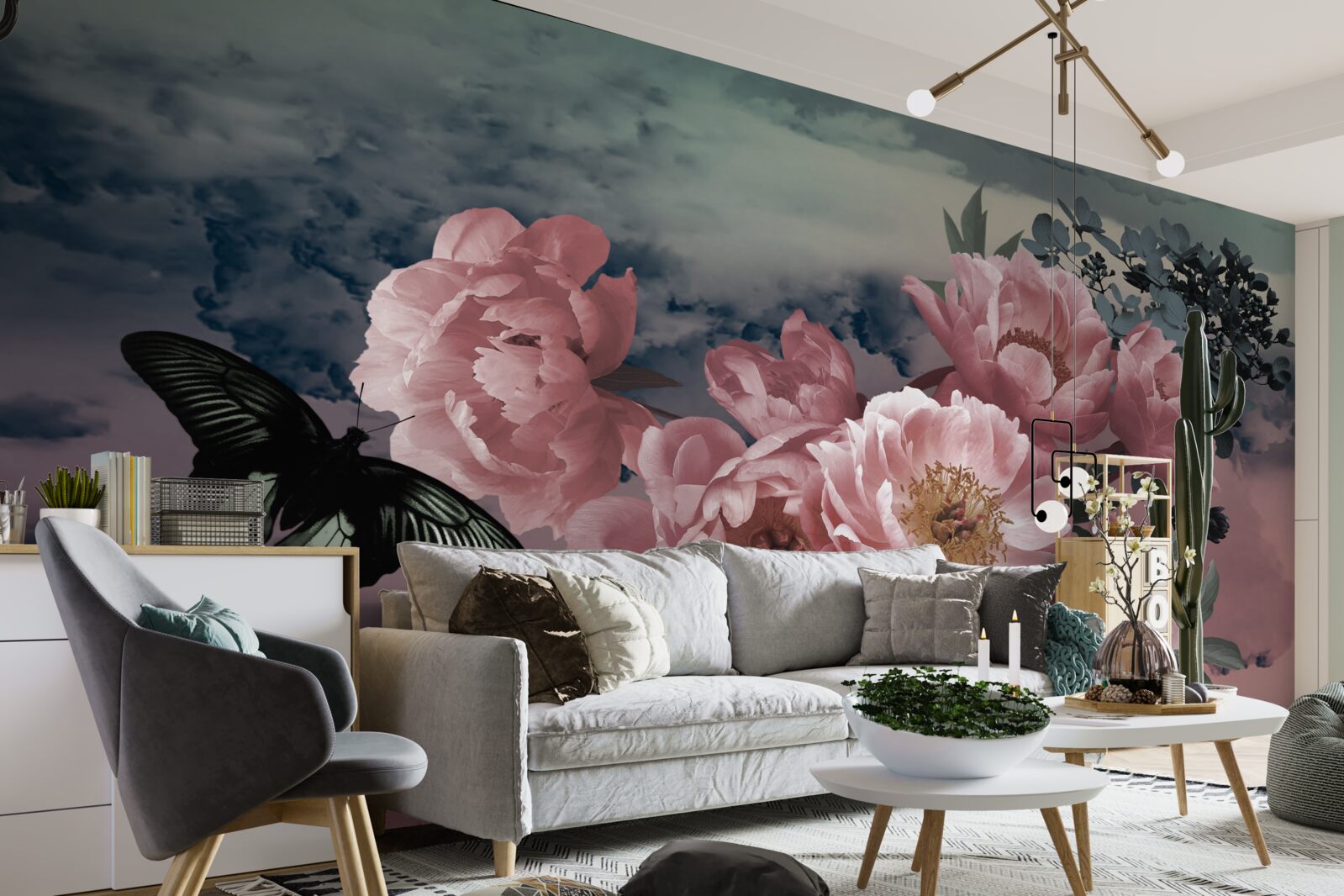 Papier peint papillon sombre et fleurs roses