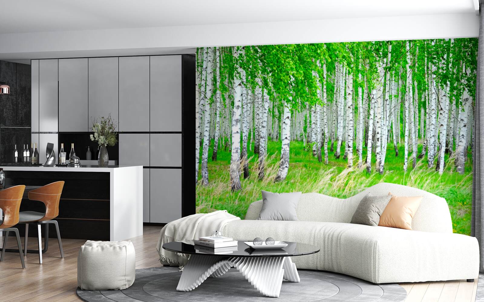 Papier peint champ avec des bouleaux en arrière-plan