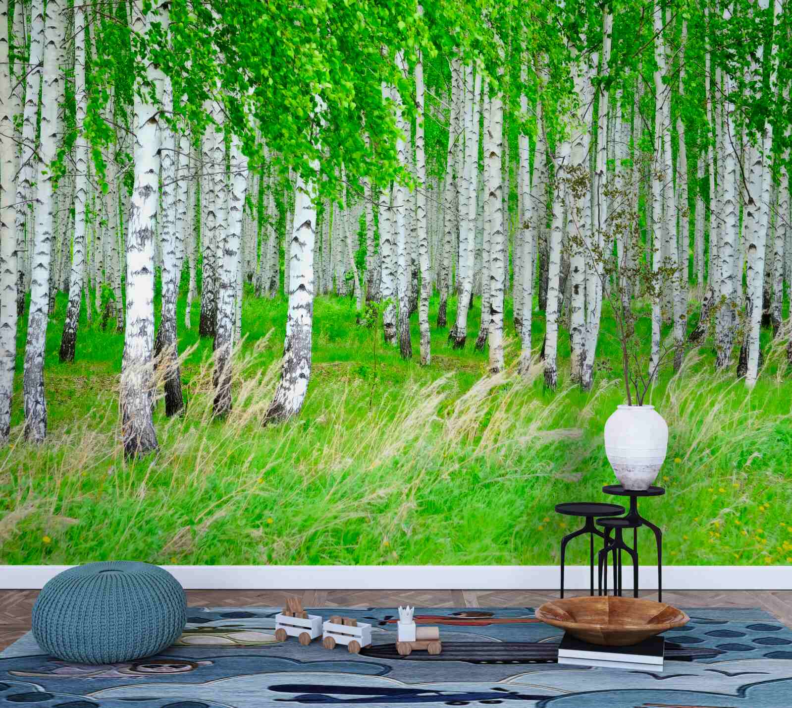 Papier peint champ avec des bouleaux en arrière-plan