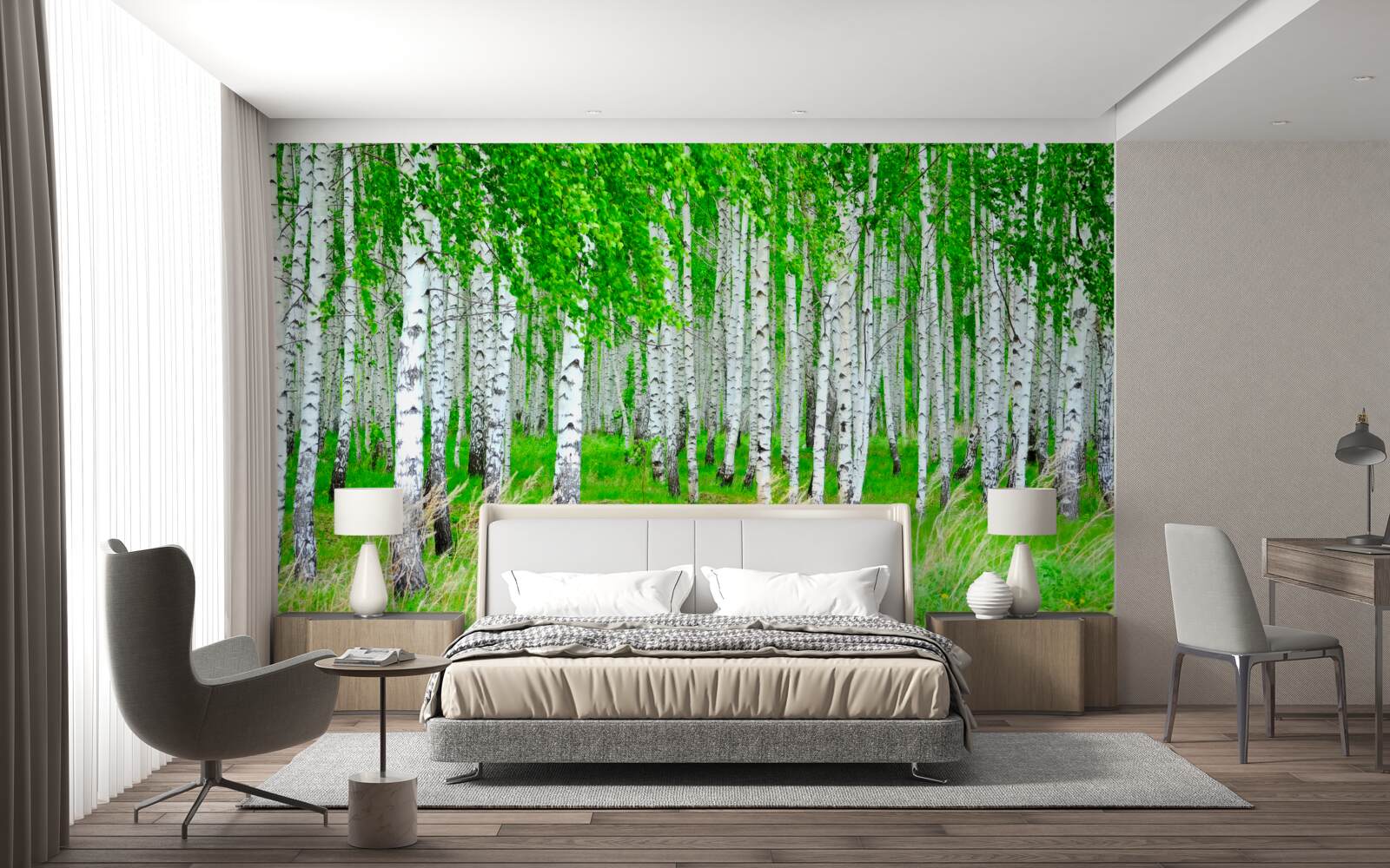 Papier peint champ avec des bouleaux en arrière-plan