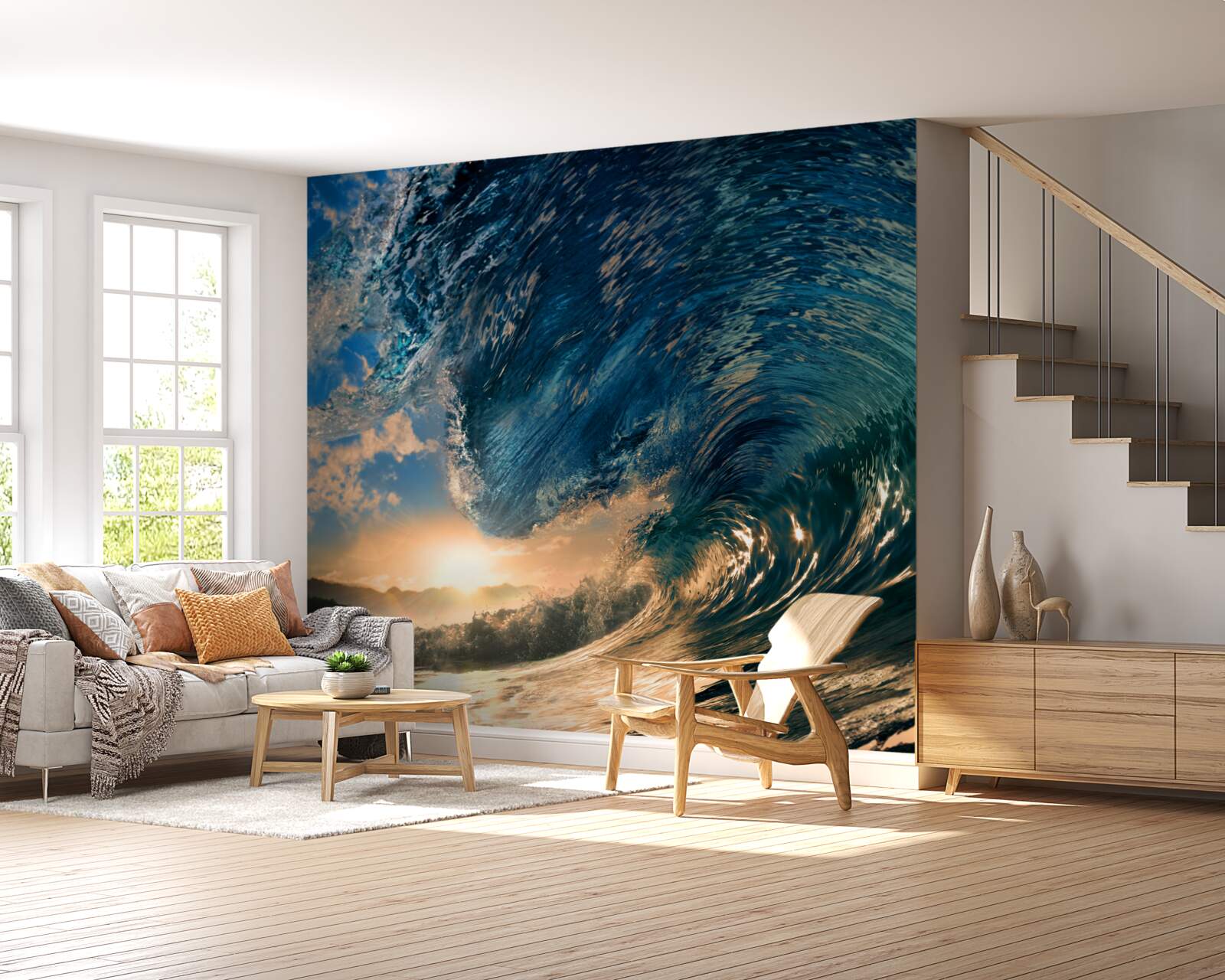 Papier peint vague géante sur fond de soleil couchant