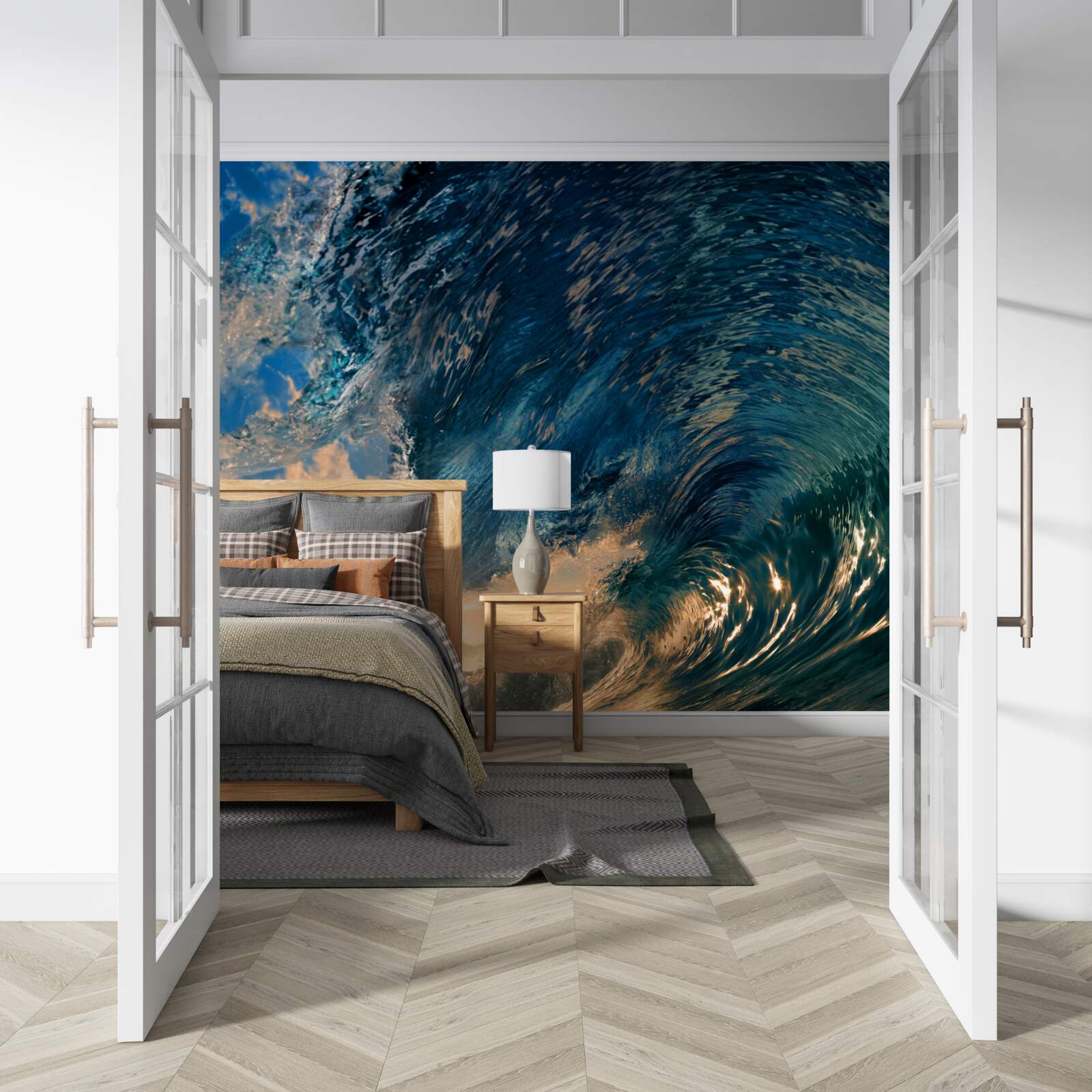 Papier peint vague géante sur fond de soleil couchant