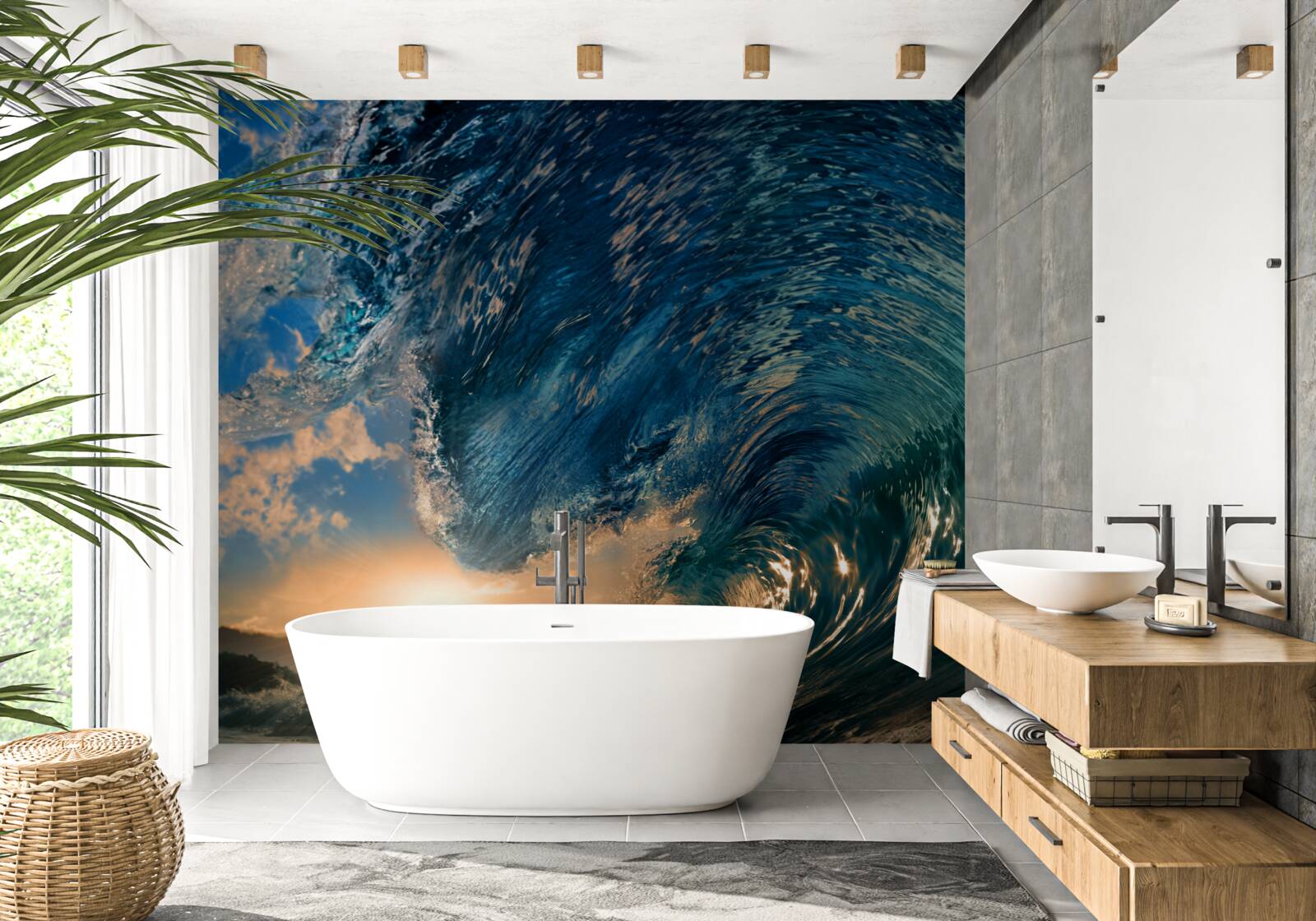 Papier peint vague géante sur fond de soleil couchant