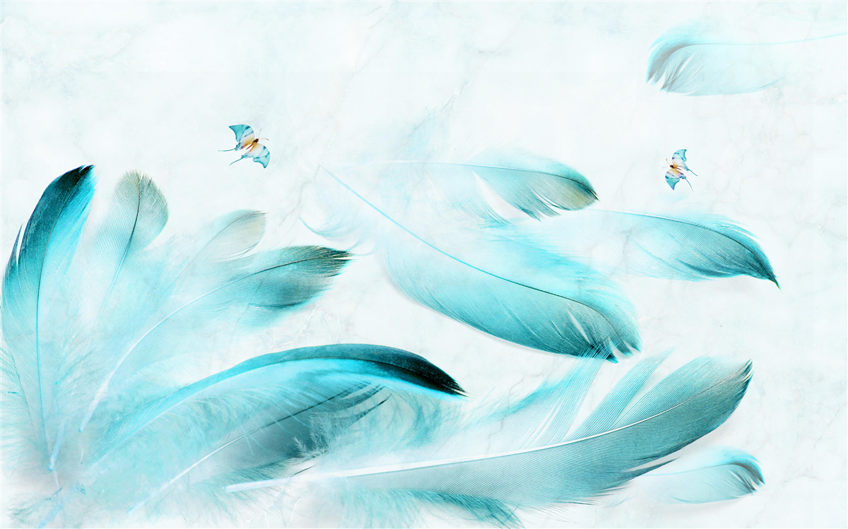 Papier peint plumes bleu clair