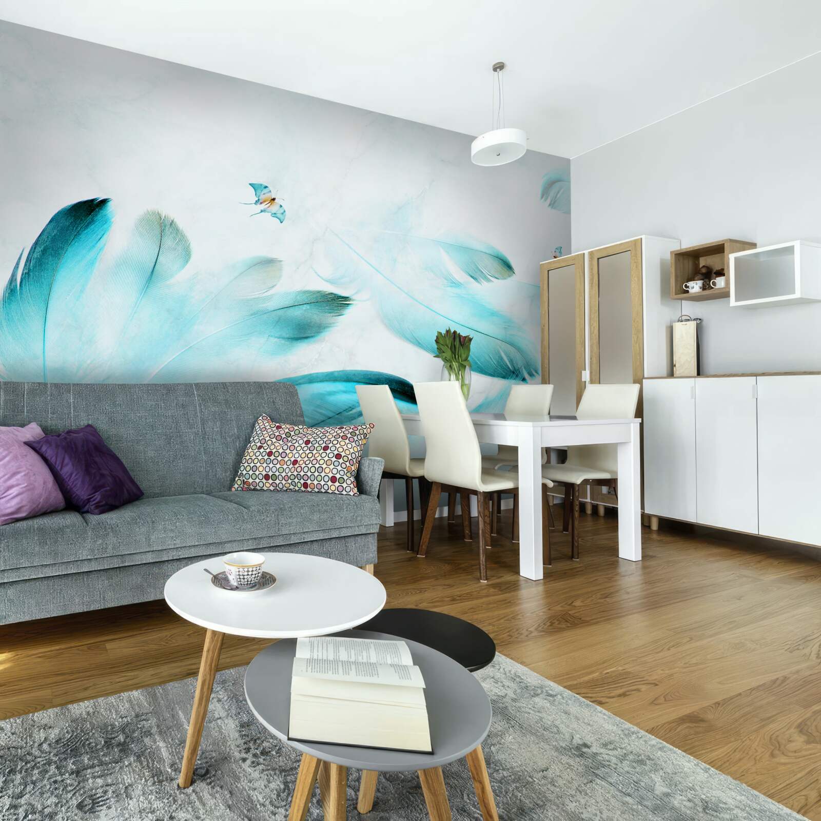 Papier peint plumes bleu clair