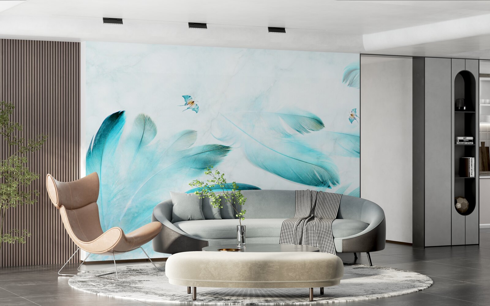 Papier peint plumes bleu clair