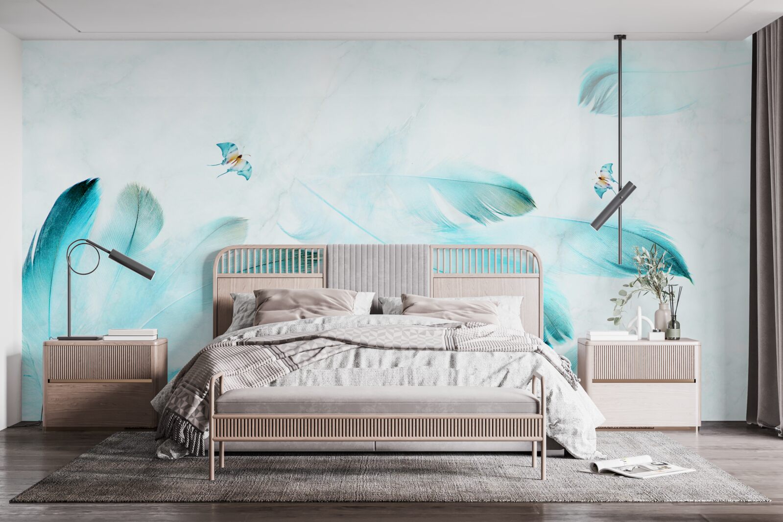 Papier peint plumes bleu clair
