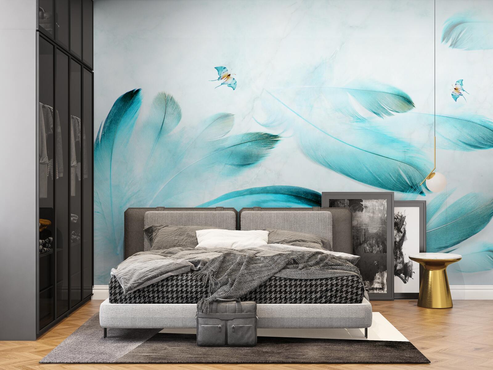 Papier peint plumes bleu clair