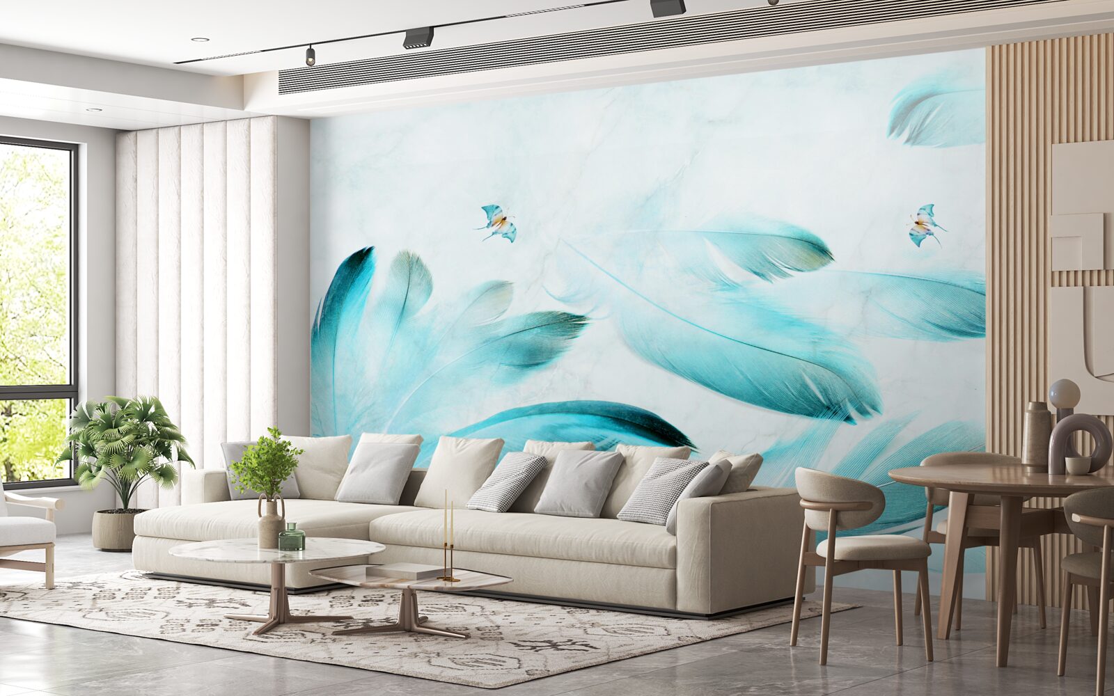 Papier peint plumes bleu clair