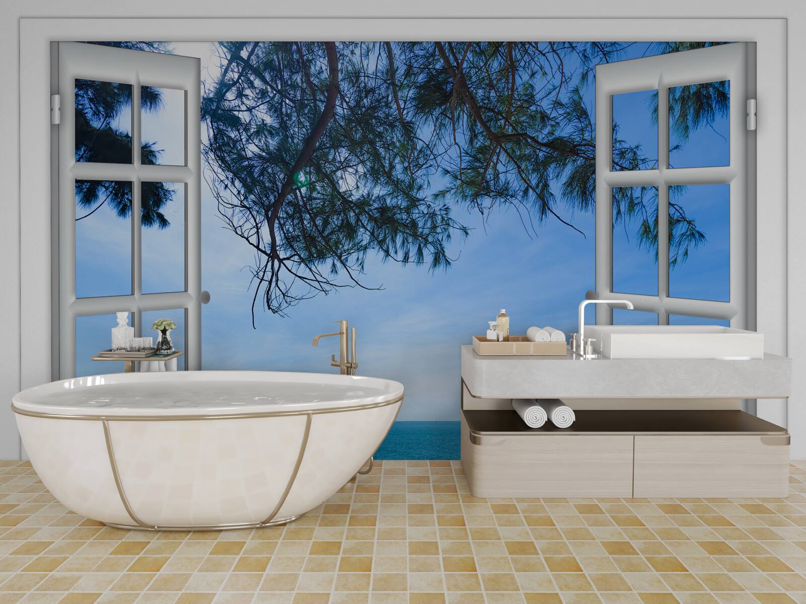 Papier peint une fenêtre sur la mer bleue