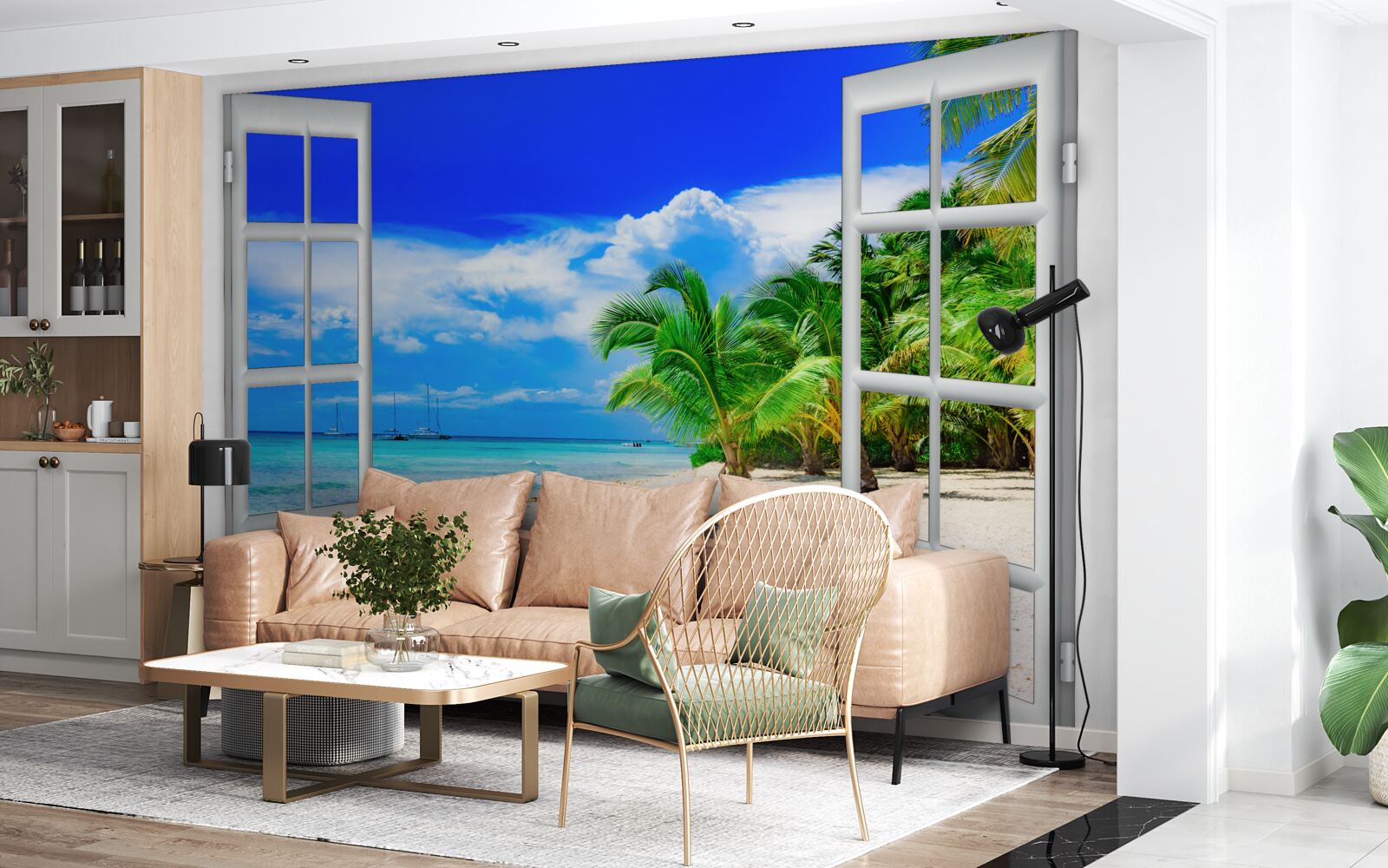 Papier peint fenêtre donnant sur le rivage sablonneux