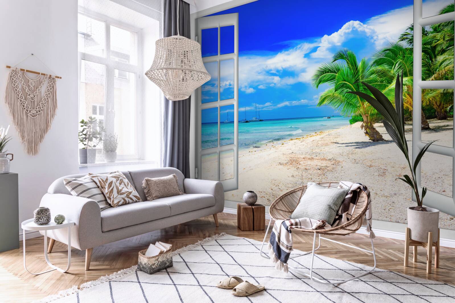 Papier peint fenêtre donnant sur le rivage sablonneux