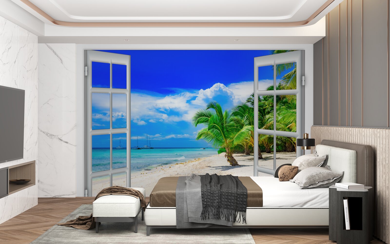 Papier peint fenêtre donnant sur le rivage sablonneux