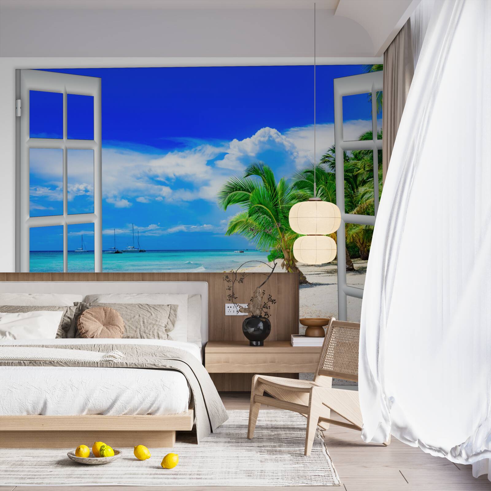 Papier peint fenêtre donnant sur le rivage sablonneux