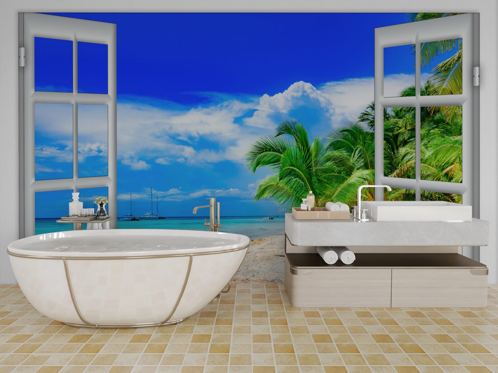 Papier peint fenêtre donnant sur le rivage sablonneux