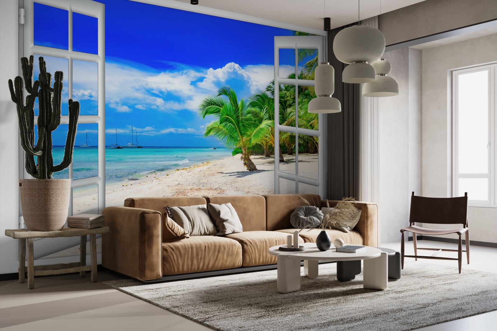 Papier peint fenêtre donnant sur le rivage sablonneux