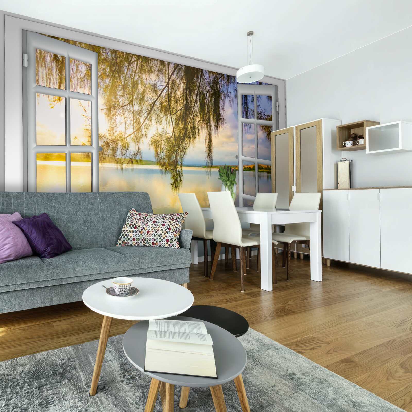 Papier peint vue de l'eau depuis une fenêtre