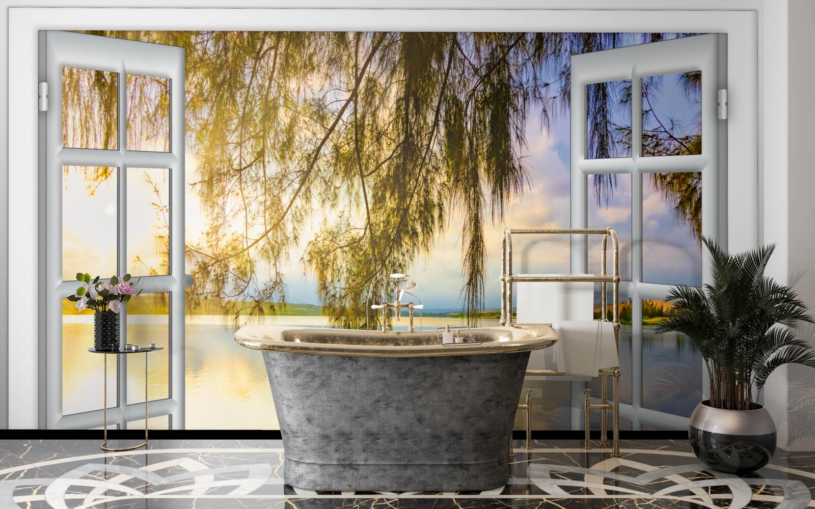 Papier peint vue de l'eau depuis une fenêtre