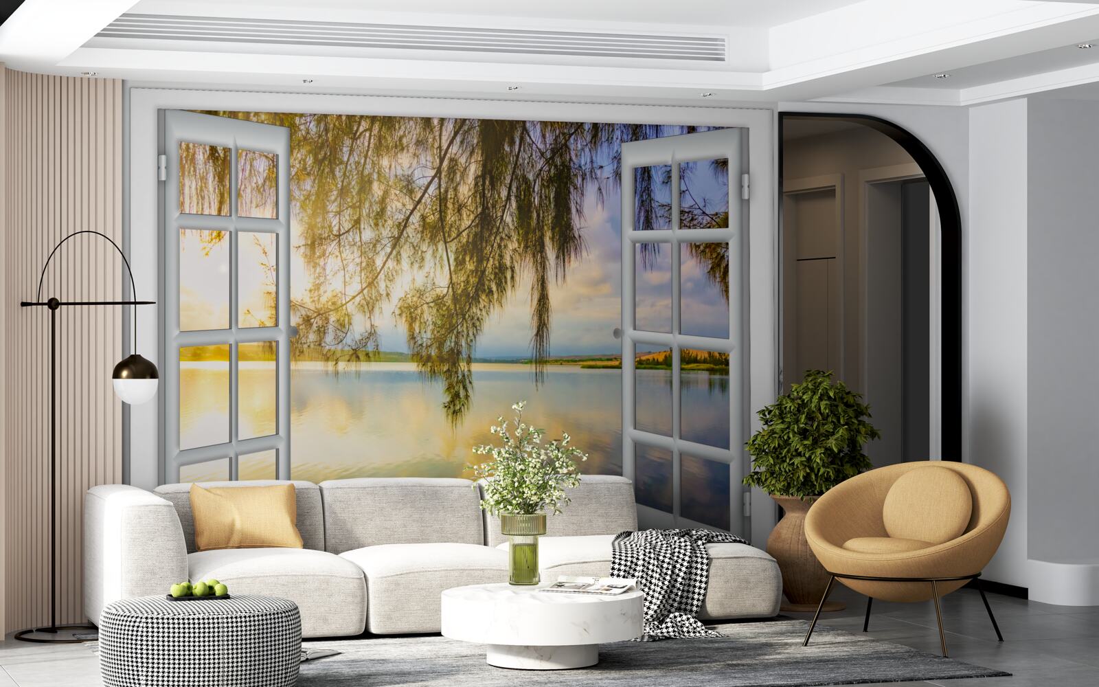 Papier peint vue de l'eau depuis une fenêtre