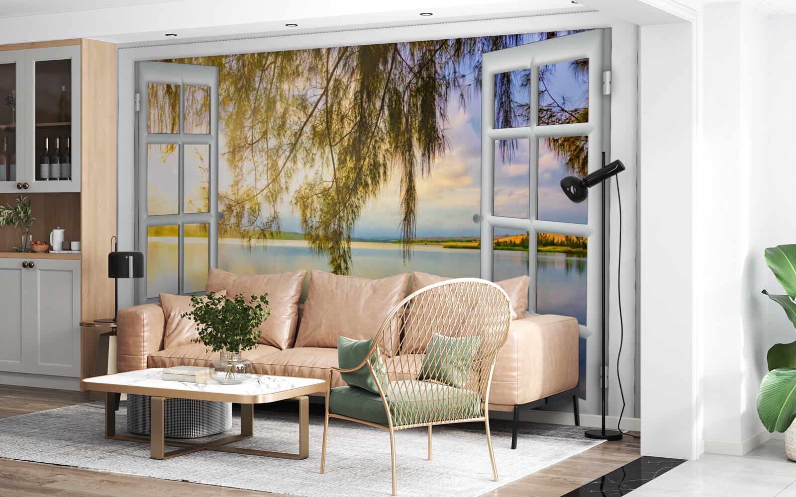 Papier peint vue de l'eau depuis une fenêtre