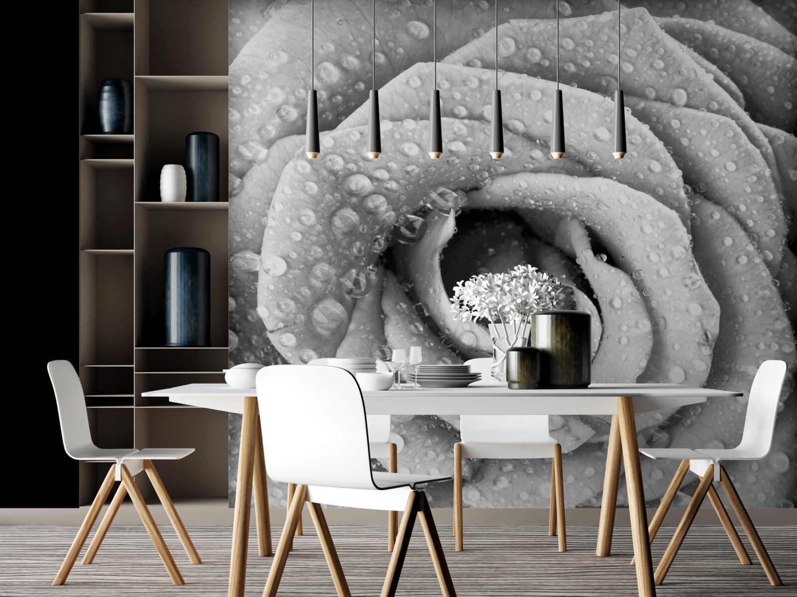 Papier peint rose en noir et blanc avec gouttes