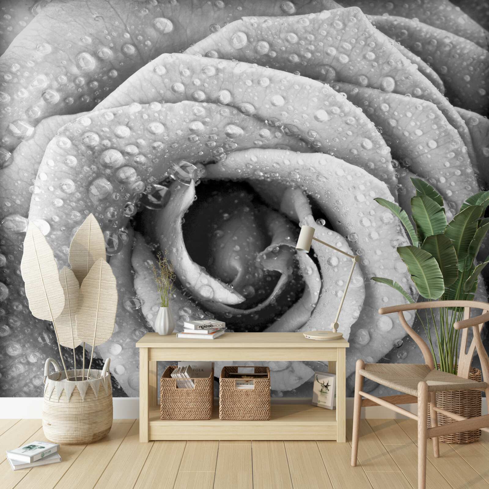 Papier peint rose en noir et blanc avec gouttes