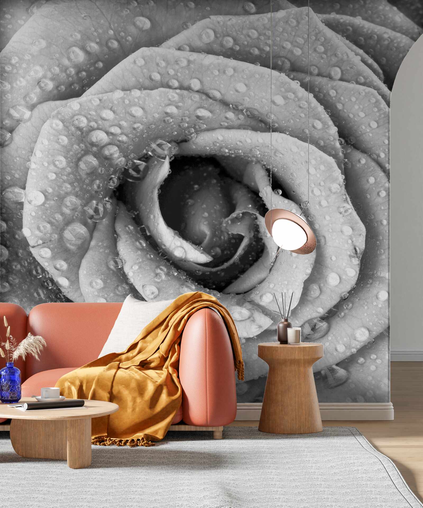 Papier peint rose en noir et blanc avec gouttes