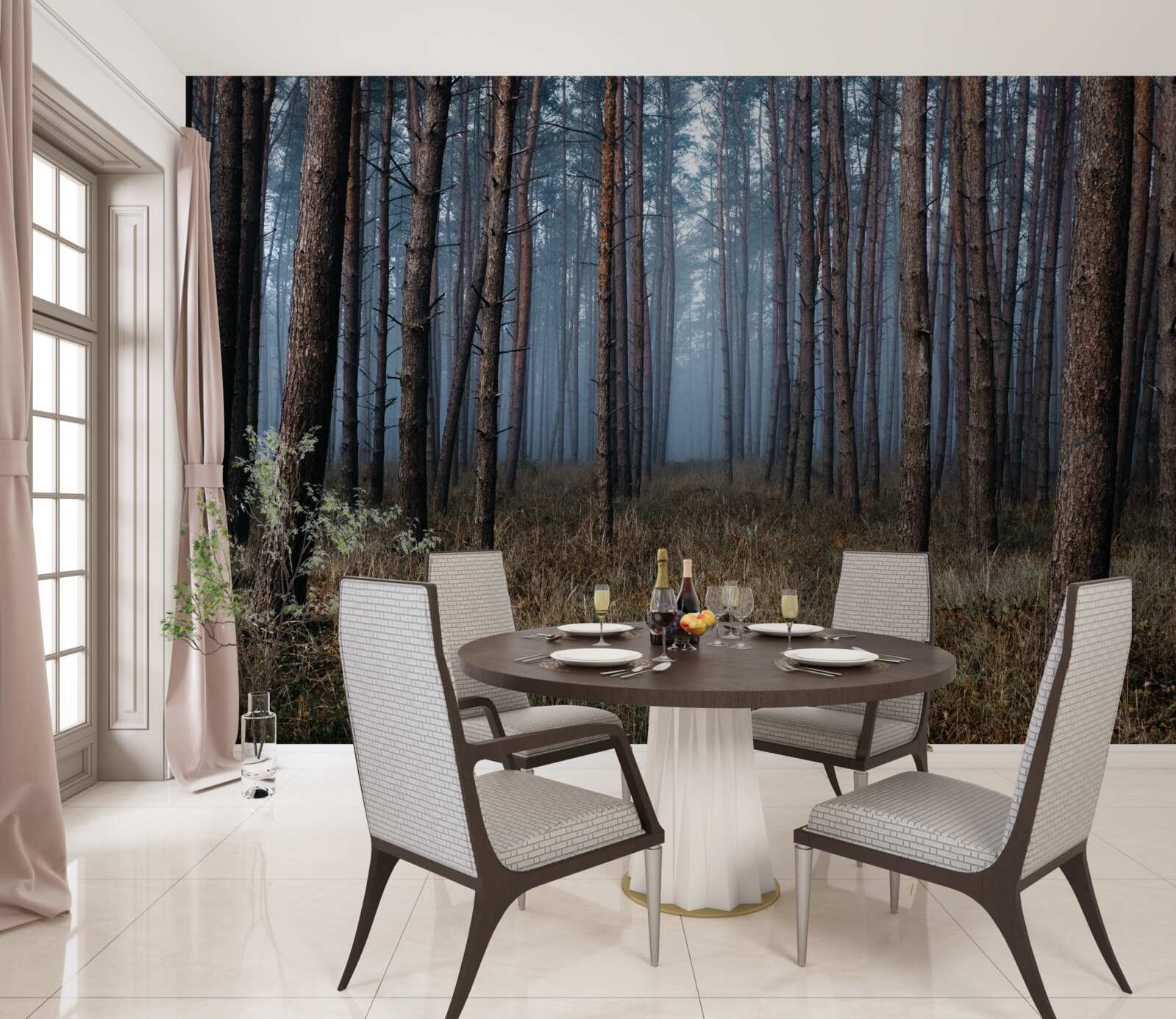 Papier peint forêt de pins sombres