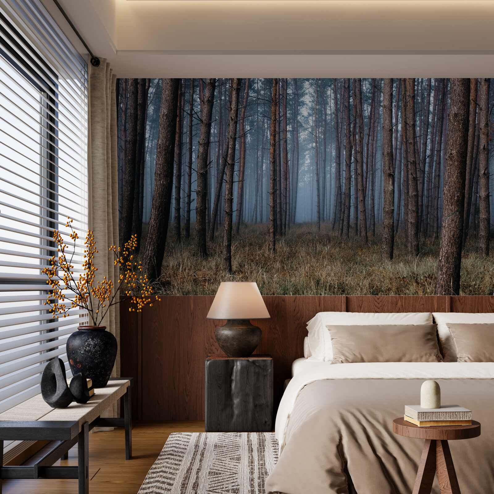 Papier peint forêt de pins sombres